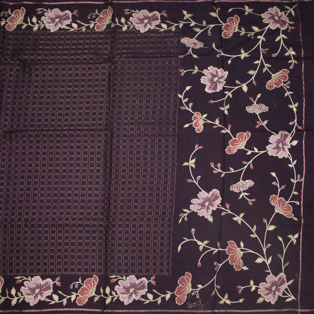 RTSR42219-2-Raw-Silk-Dark-Brown-Zari-Checked-Saree-And-Floral-Thread-Border-full-veiw