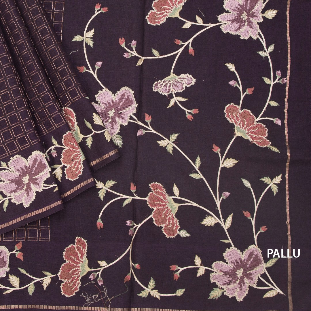 RTSR42219-3-Raw-Silk-Dark-Brown-Zari-Checked-Saree-And-Floral-Thread-Border-pallu