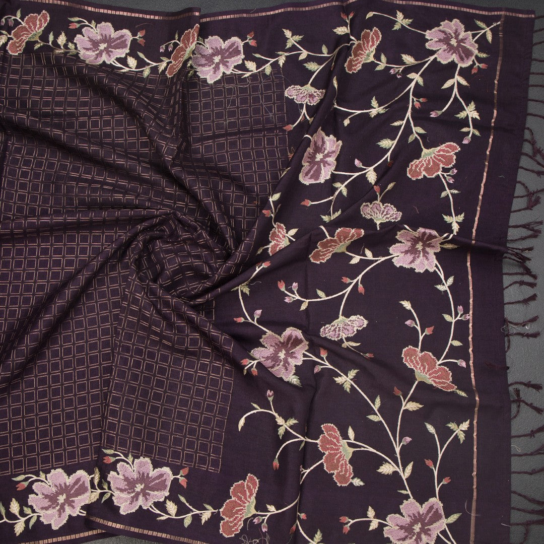 RTSR42219-5-Raw-Silk-Dark-Brown-Zari-Checked-Saree-And-Floral-Thread-Border-crush