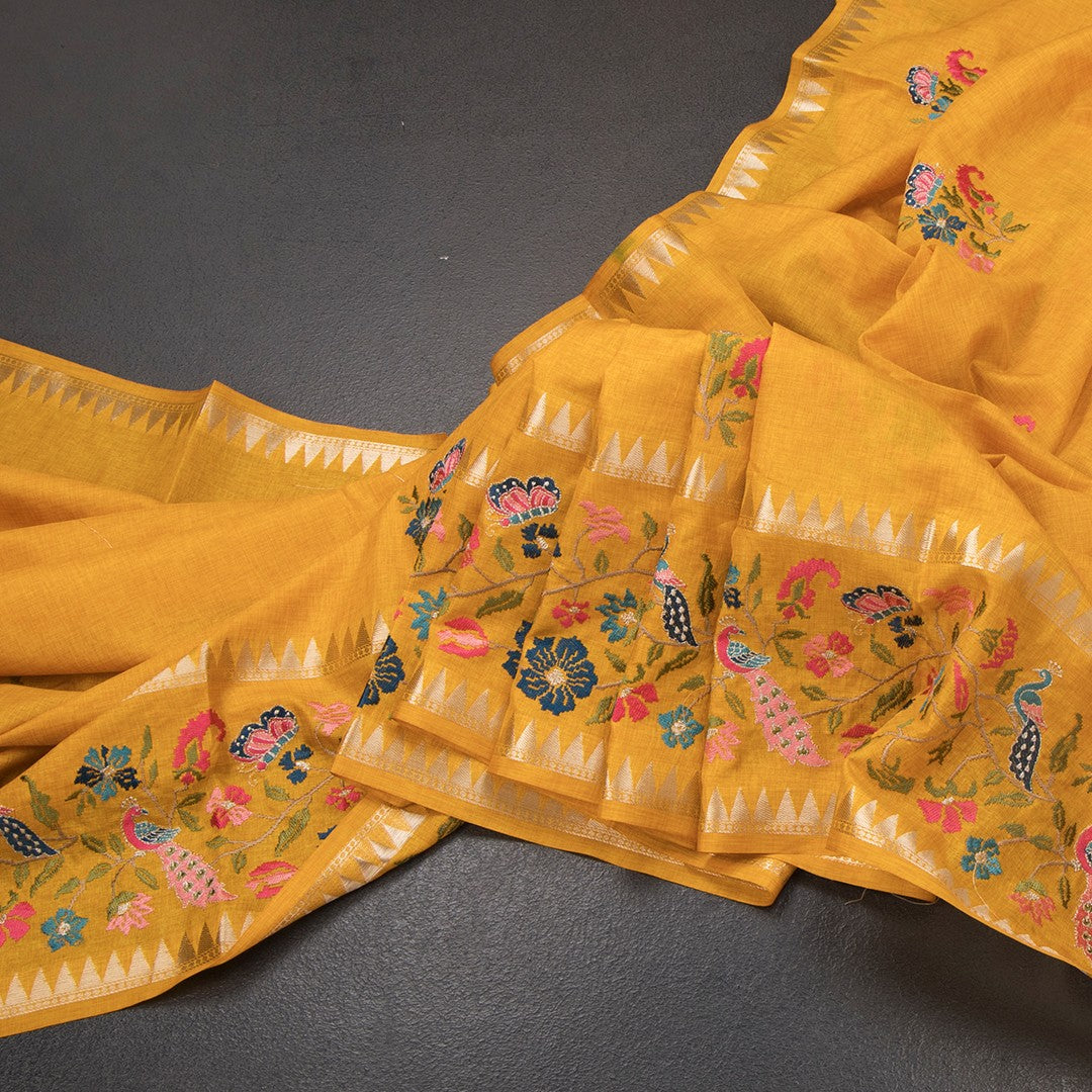 RTSR42229-Raw-Silk-Mango-Yellow-Floral-Thread-Work-Saree-main