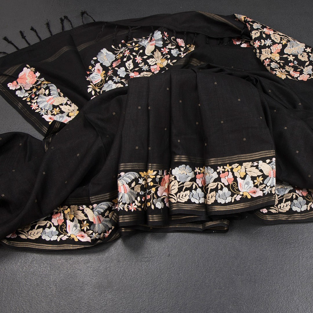 RTSR42270-Raw-Silk-Black-Saree-With-Zari-Buttas-And-Thread-Border-main
