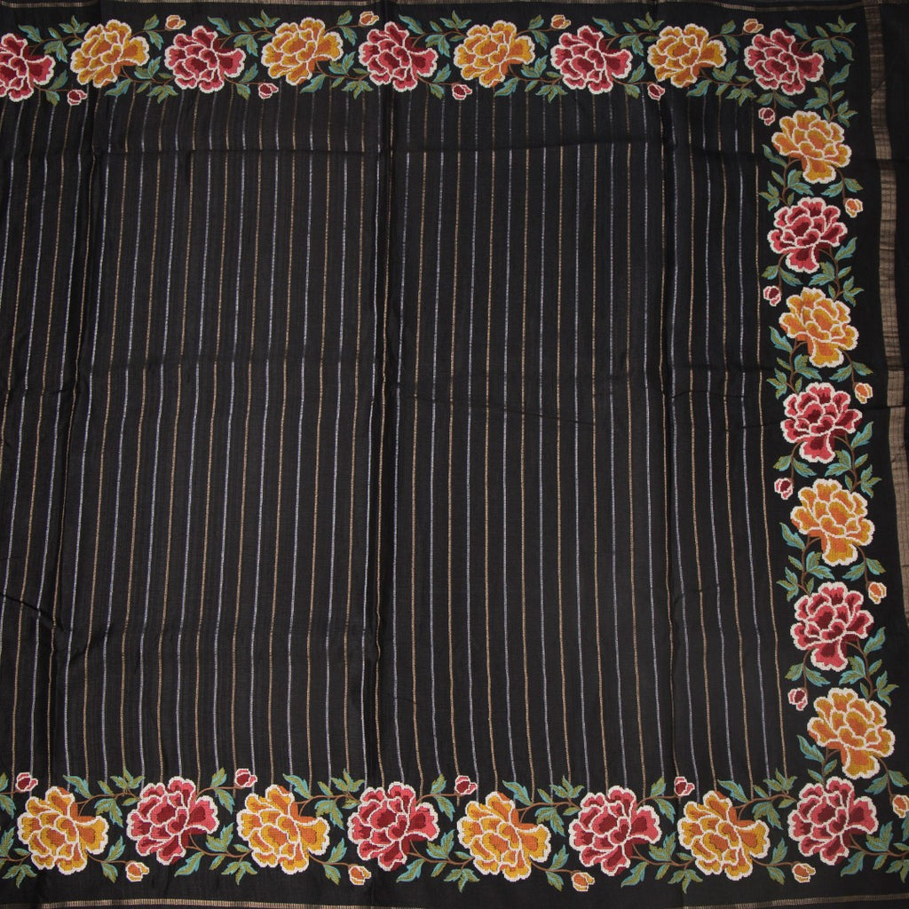 RTSR42275-2-Raw-Silk-Black-Zari-Stripes-Saree-And-Floral-Thread-Border-full-veiw
