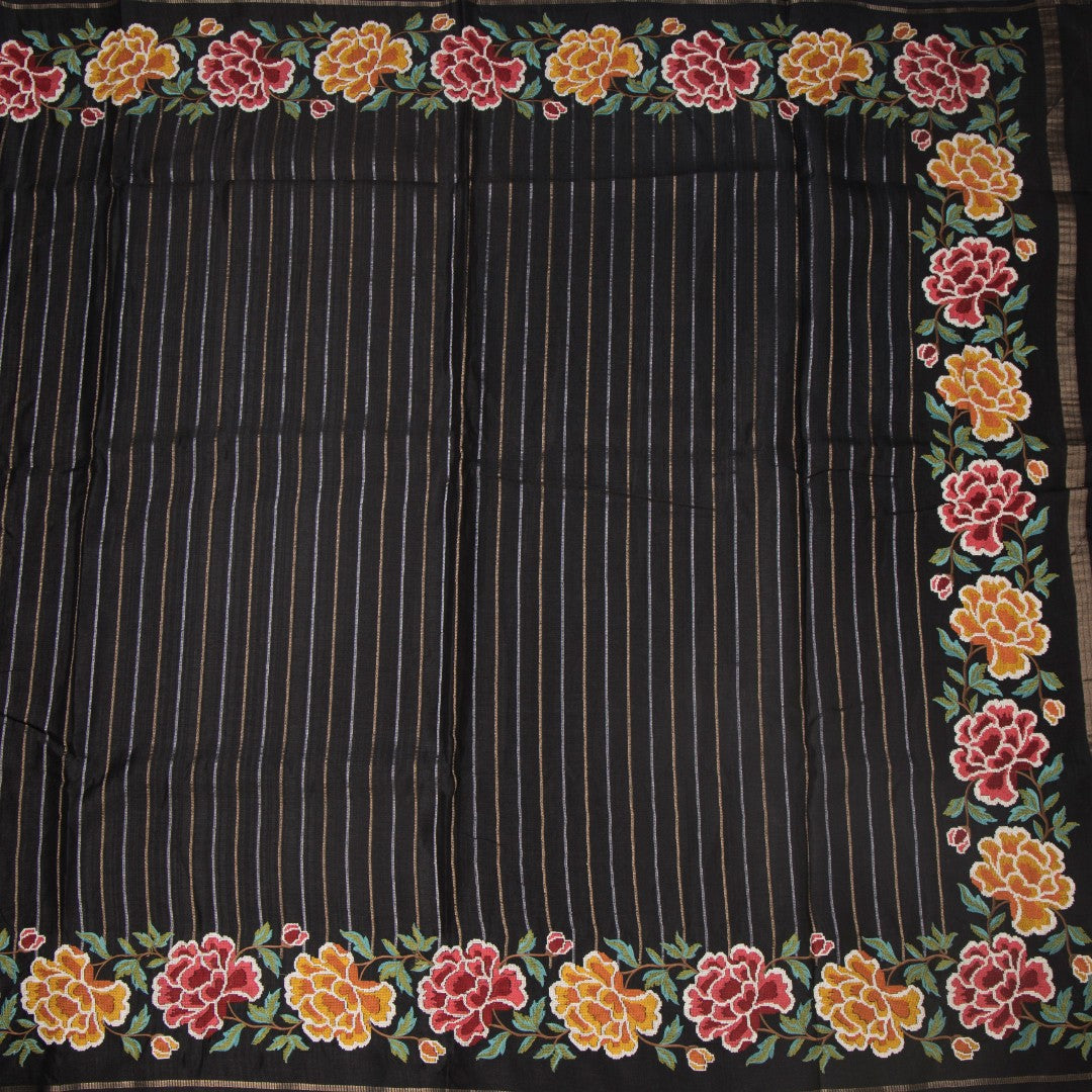 RTSR42275-2-Raw-Silk-Black-Zari-Stripes-Saree-And-Floral-Thread-Border-full-veiw