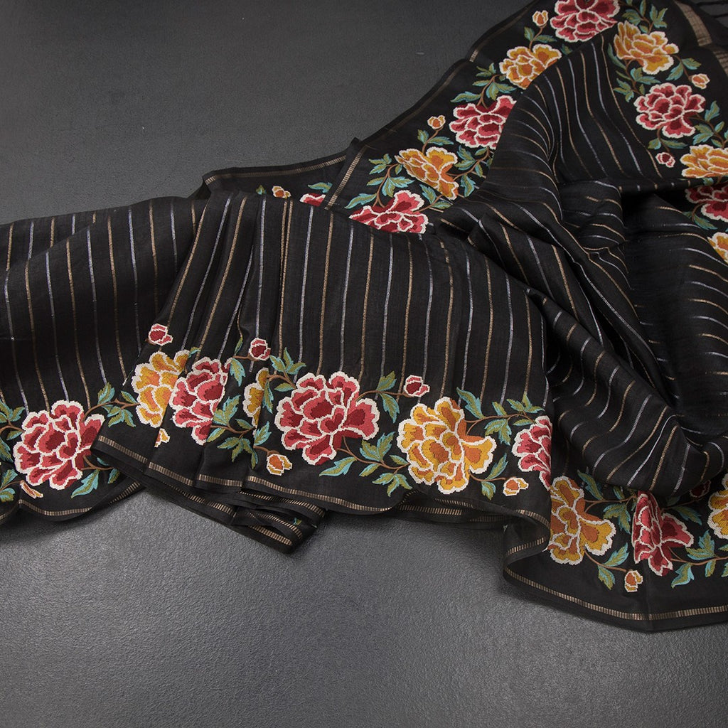 RTSR42275-Raw-Silk-Black-Zari-Stripes-Saree-And-Floral-Thread-Border-main