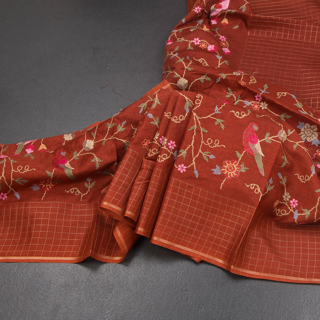 RTSR42303-Raw-Silk-Rust-Brown-Thread-Work-Saree-With-Birds-Design-main