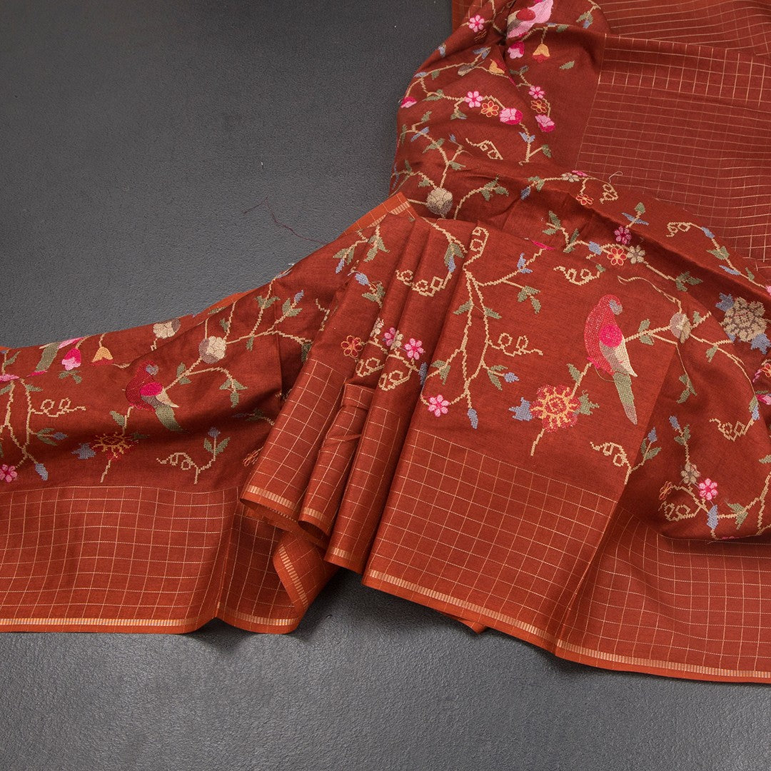 RTSR42303-Raw-Silk-Rust-Brown-Thread-Work-Saree-With-Birds-Design-main