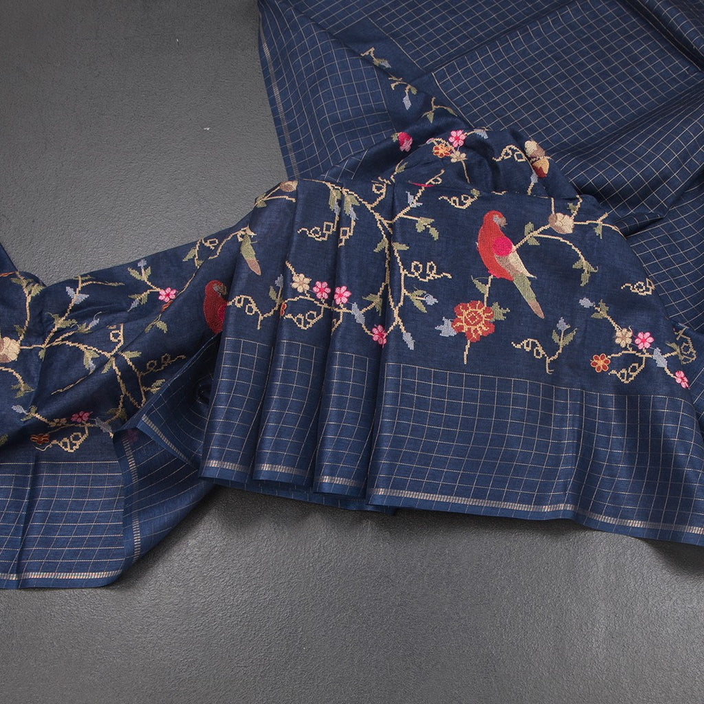 RTSR42305-Raw-Silk-Dark-Blue-Thread-Work-Saree-With-Birds-Design-main