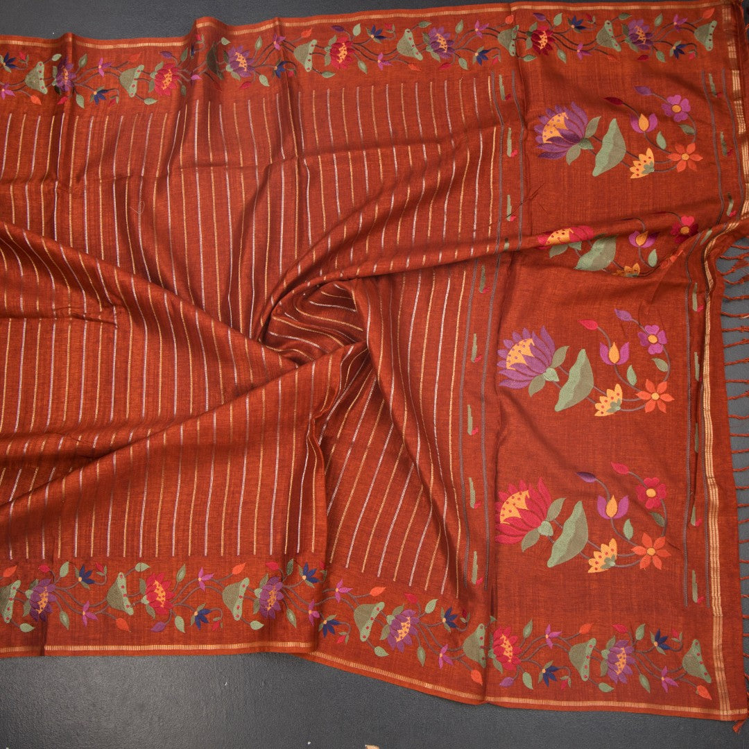 RTSR42382-4-Raw-Silk-Rust-Brown-Zari-Stripes-Saree-And-Thread-Border-crush