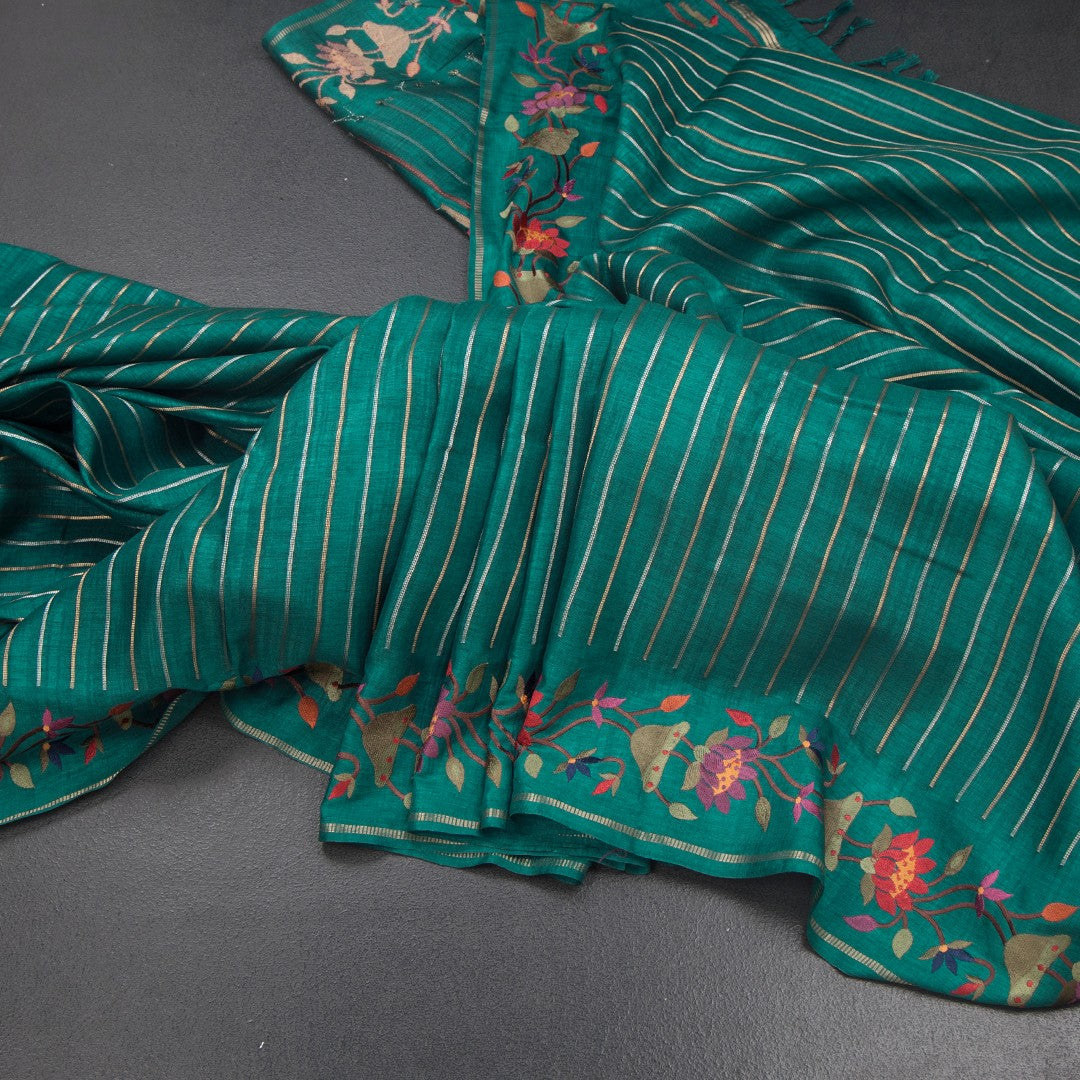 RTSR42383-Raw-Silk-Peacock-Green-Zari-Stripes-Saree-And-Thread-Border-main
