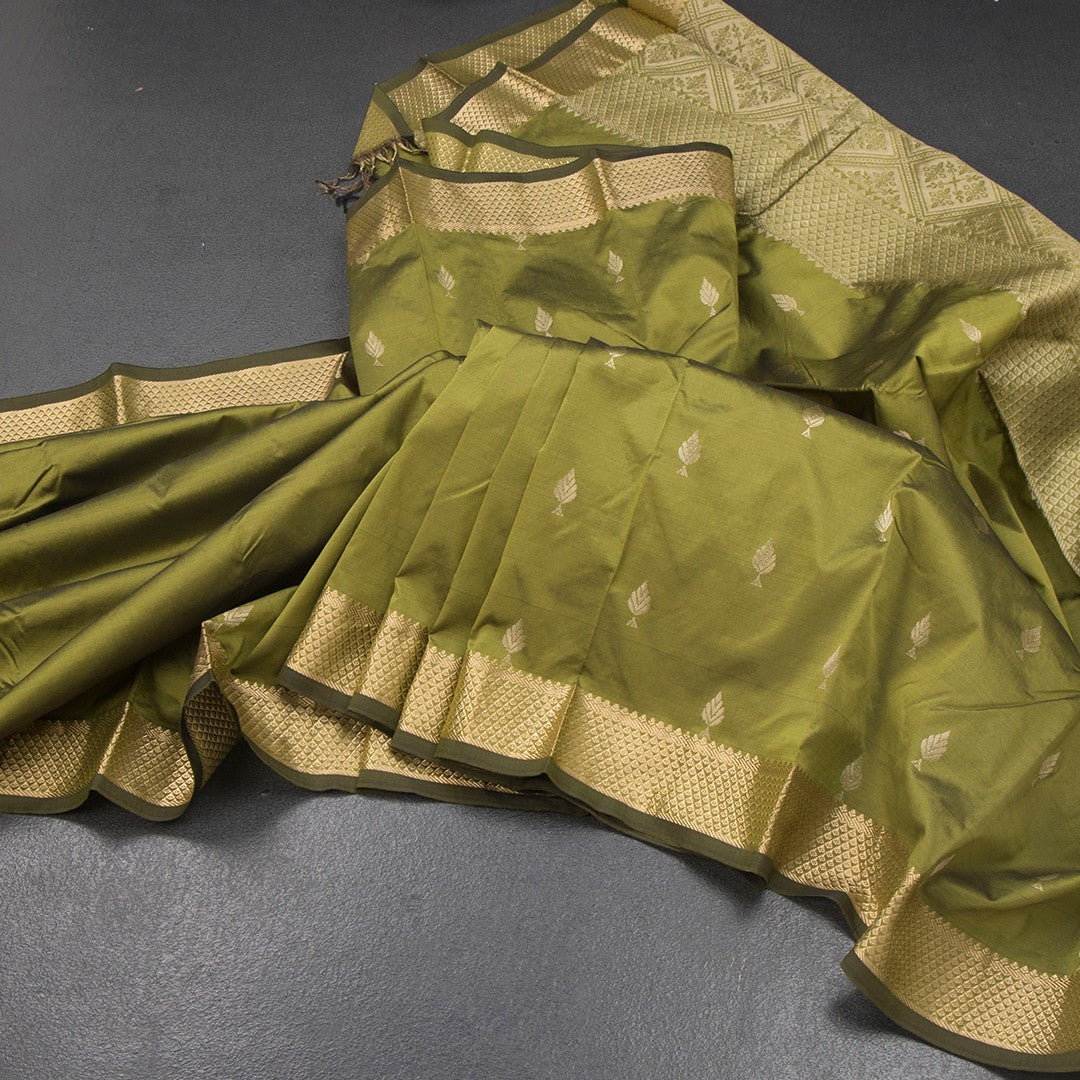 SMLSR42087-Semi-Silk-Olive-Green-Saree-With-Zari-Buttas-main